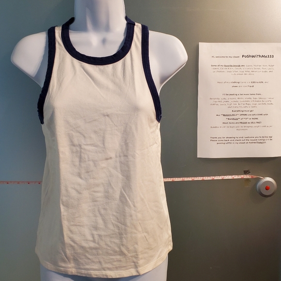 Large, Forever 21, White with Blue Trim Tank Top, Stretchy - Picture 2 of 8